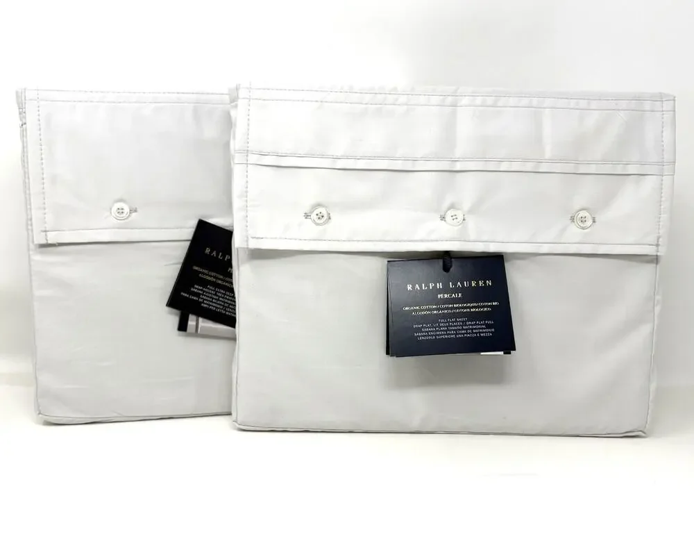 Ralph Lauren Organic Cotton Percale Full Flat Fitted Pebble Sheet Set NWT 2 Pcs
